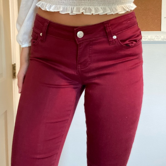 maroon colored jeans